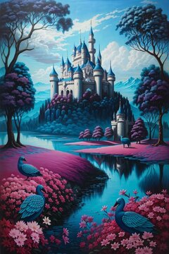 photographic surreal fantasy landscape oil painting dark blues and teal trees and castle with magenta flowers and some wildlife