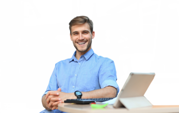 Portrait of happy man sitting at office desk, looking at camera, smiling on a transparent background - Powered by Adobe