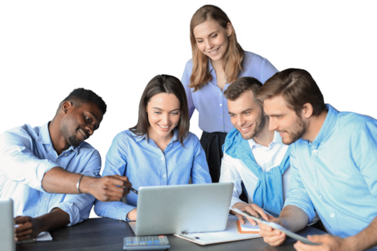 startup business team on meeting on a transparent background brainstorming, working on laptop and tablet computer