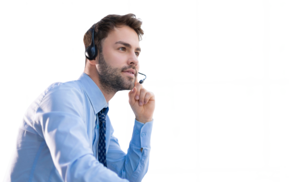 Cheerful young support phone male operator in headset, at workplace while using computer, help service and client consulting call center concept on a transparent background