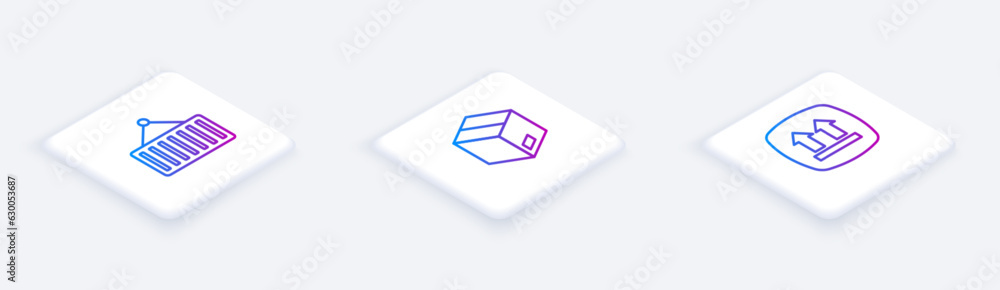 Poster set isometric line container on crane, carton cardboard box and this side up. white square button. v