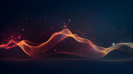 Generative AI illustration of sine  waves and particles on dark background, in the style of light gold and orange, technological design, dotted, tilt shift, kinetic lines, acoustic curves, wallpaper - obrazy, fototapety, plakaty