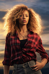 Curly blond girl in plaid shirt is posing outside, ai generated