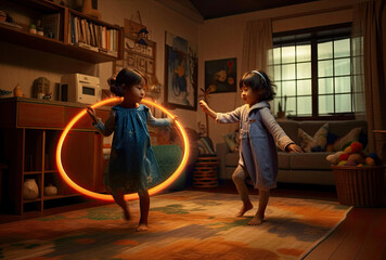 Naklejka na ściany i meble Two child girlds playing with glowing light, ai generated