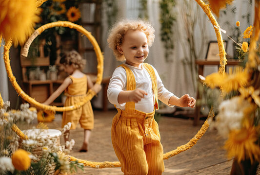 Toddler playing with a wooden hula hoop in party, ai generated