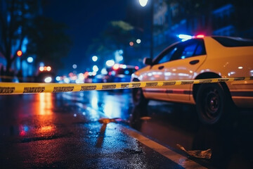 Fototapeta na wymiar Yellow law enforcement tape isolating crime scene with blurred view of city street, toned in red and blue police car lights