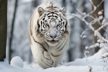A rare white tiger hunting in a snowy forest - AI Generated