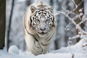 A rare white tiger hunting in a snowy forest - AI Generated © Arthur