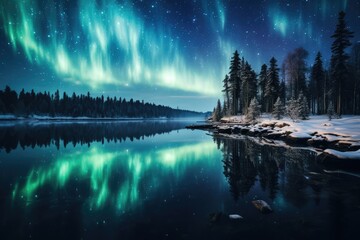 Aurora borealis over a crystal clear lake in Lapland  - AI Generated - obrazy, fototapety, plakaty