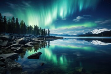 Aurora borealis over a crystal clear lake in Lapland  - AI Generated
