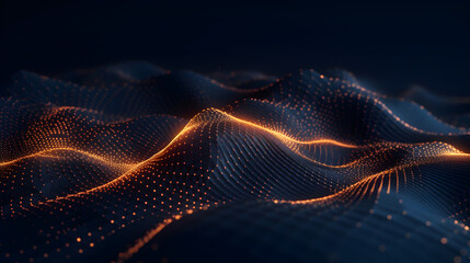 Generative AI illustration of sine  waves and particles on dark background, in the style of light gold and orange, technological design, dotted, tilt shift, kinetic lines, acoustic curves, wallpaper - obrazy, fototapety, plakaty