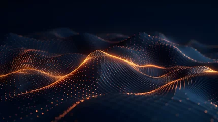 Gartenposter Fraktale Wellen Generative AI illustration of sine  waves and particles on dark background, in the style of light gold and orange, technological design, dotted, tilt shift, kinetic lines, acoustic curves, wallpaper