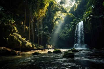 Fototapeta na wymiar Deep in the Amazon rainforest, a hidden waterfall - AI Generated