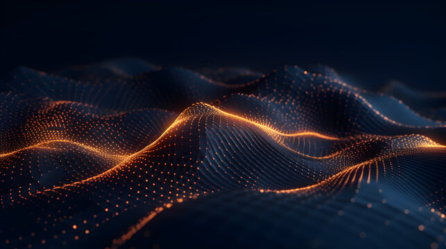 Fototapeta Generative AI illustration of sine  waves and particles on dark background, in the style of light gold and orange, technological design, dotted, tilt shift, kinetic lines, acoustic curves, wallpaper