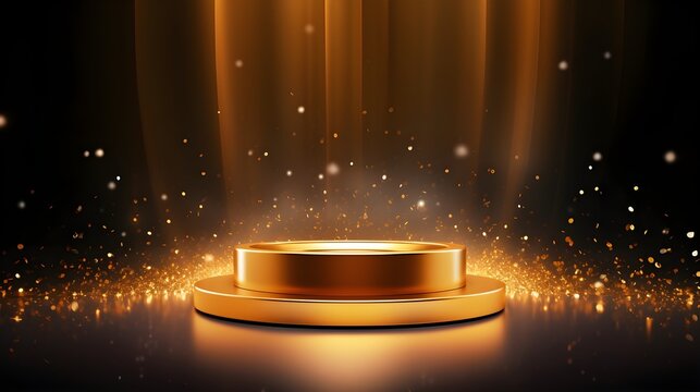 Award ceremony black elegant background with stage scene design concept and gold luxury light rays, glitter effect, created with Generative AI technology.