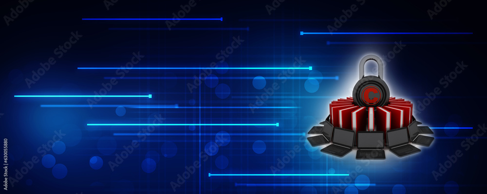 Poster 3d rendering technology computer network with book near copyright lock