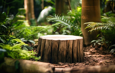 Tree stump cut saw in the garden with green plant background. High quality photo