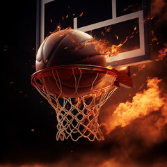 Basketball flying into basketball basket. Fire game. AI generation..