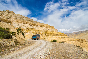 A truck on the offroad in Chele Village of Upper Mustang in the Himalayas of Nepal