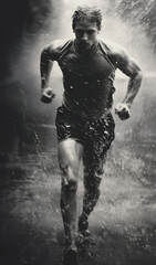 Black and white photo of man running in rain with motion blur and grain