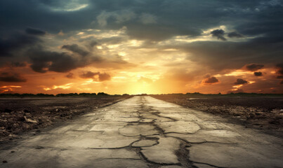 Fototapeta premium Sunset over cracked road with clouds in the sky background. High quality photo