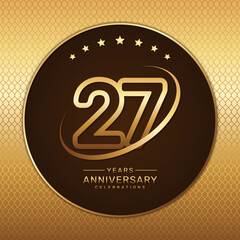 27th anniversary logo with a golden number and ring isolated on a golden pattern background, logo vector illustration