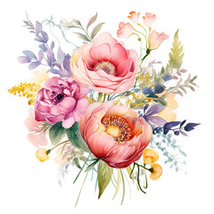 Watercolor composition of flowers and garden herbs, rose, peonie, wildflowers, Decorative bouquet isolated on white