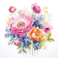 Watercolor composition of flowers and garden herbs, rose, peonie, wildflowers, Decorative bouquet isolated on white