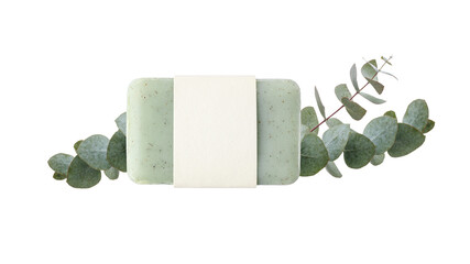 Green herbal soap with empty paper cover and fresh eucalyptus twigs isolated on white
