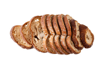 Wheat rye sliced bread with growing mold. Spoiled sliced loaf of bread closeup isolated on white background. Food waste.