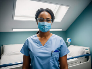 Fototapeta na wymiar Portrait of a Female Surgeon wearing in sterile gloves, blue surgical uniform In the Modern Operating Theater in a clinic. 