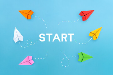 Paper planes on blue background. Startup, Innovative concepts.