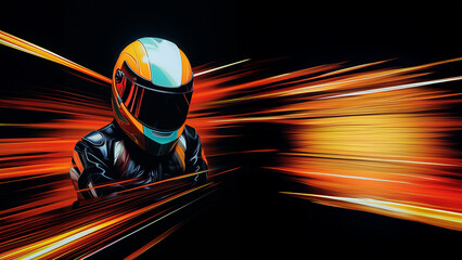 Fototapeta premium Motorrad Fahrer mit Helm wie der Blitz in bunten farben, ai generativ