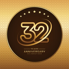 32th anniversary logo with a golden number and ring isolated on a golden pattern background, logo vector illustration