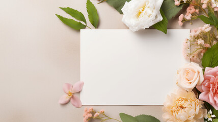 Summer spring blossom blooming flatlay paper card empty mockup poster on a wooden rustic table decorated with herbal flowers celebration. 