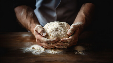 Male hands kneading dough, front view