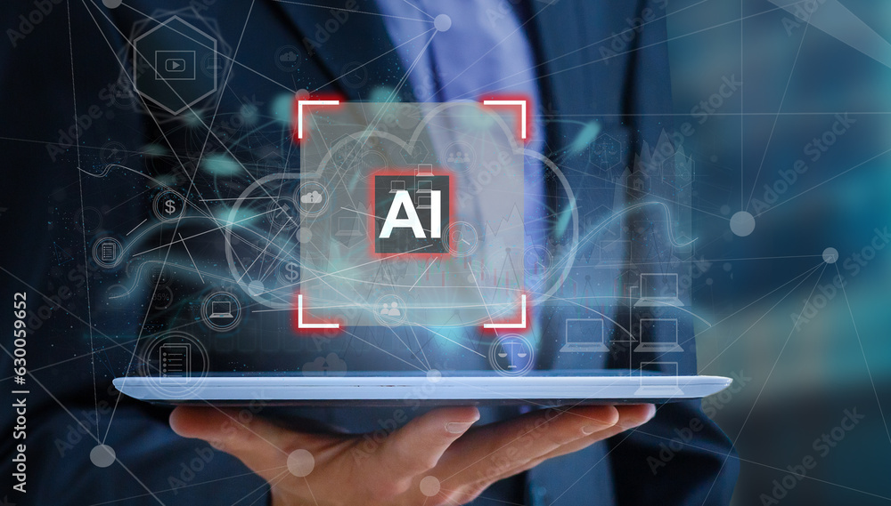 Poster ai learning and artificial intelligence concept.hand businessman with ai and network icons on dark b