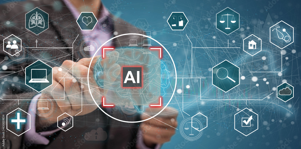 Poster digital information technology concept. businessman touching artificial intelligence icon. chatbot a