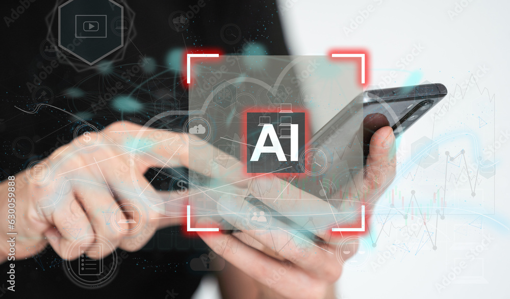 Poster technology and people concept man use ai to help work, ai learning and artificial intelligence conce