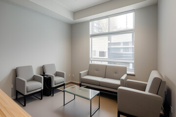 Naklejka na ściany i meble Gray office waiting room interior with couch and coffee machine