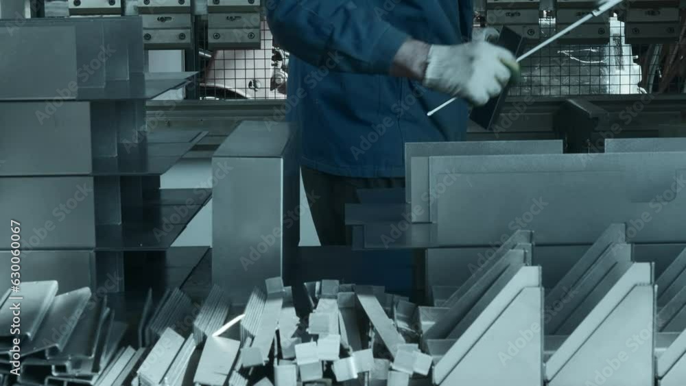 Poster worker manually assembles machine with metal parts. creative. work at factory for collection of meta