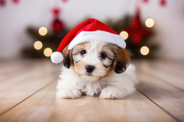 A cute shih tzu puppy wearing a Santa hat lies on a light-colored floor against a background of blurred Christmas bokeh.