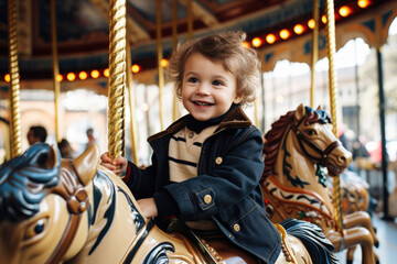 Fototapeta na wymiar The kid is sitting on a carousel in an amusement park