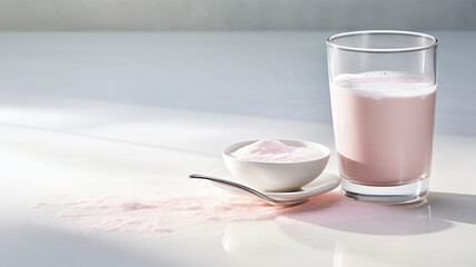 White collagen protein powder cocktail for good heart, skin on a empty board table with a glass and spoon. Healthy lifestyle diet sport  copy space banner