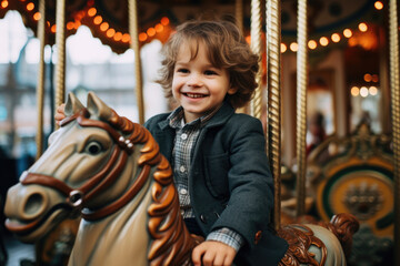 Fototapeta na wymiar The kid is sitting on a carousel in an amusement park