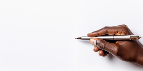metal pen in hand close-up, man writes on a white sheet of paper. Place for text. 