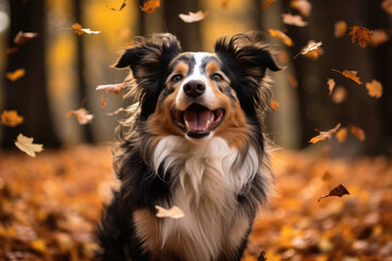 The border Collie dog is sitting in the autumn forest. Yellow leaves are flying from the tree