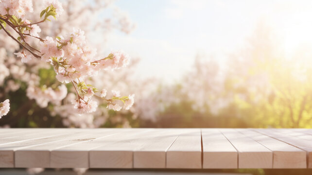 Empty Rustic Sakura Cherry Blossom Restaurant Wooden Table Space Platform With Defocused Blurry Interior Sunny Weather Autumn Summer Spring Warm Cozy House Cottage Core Garden Blooming Sakura Trees