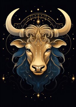 A bull with a gold light on its horns, taurus sing in horoscope, animal. Generative Ai.