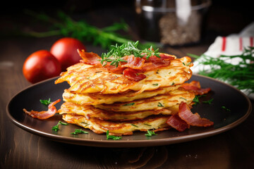 Potato pancakes draniki with bacon and sour cream. Traditional Slavic dish